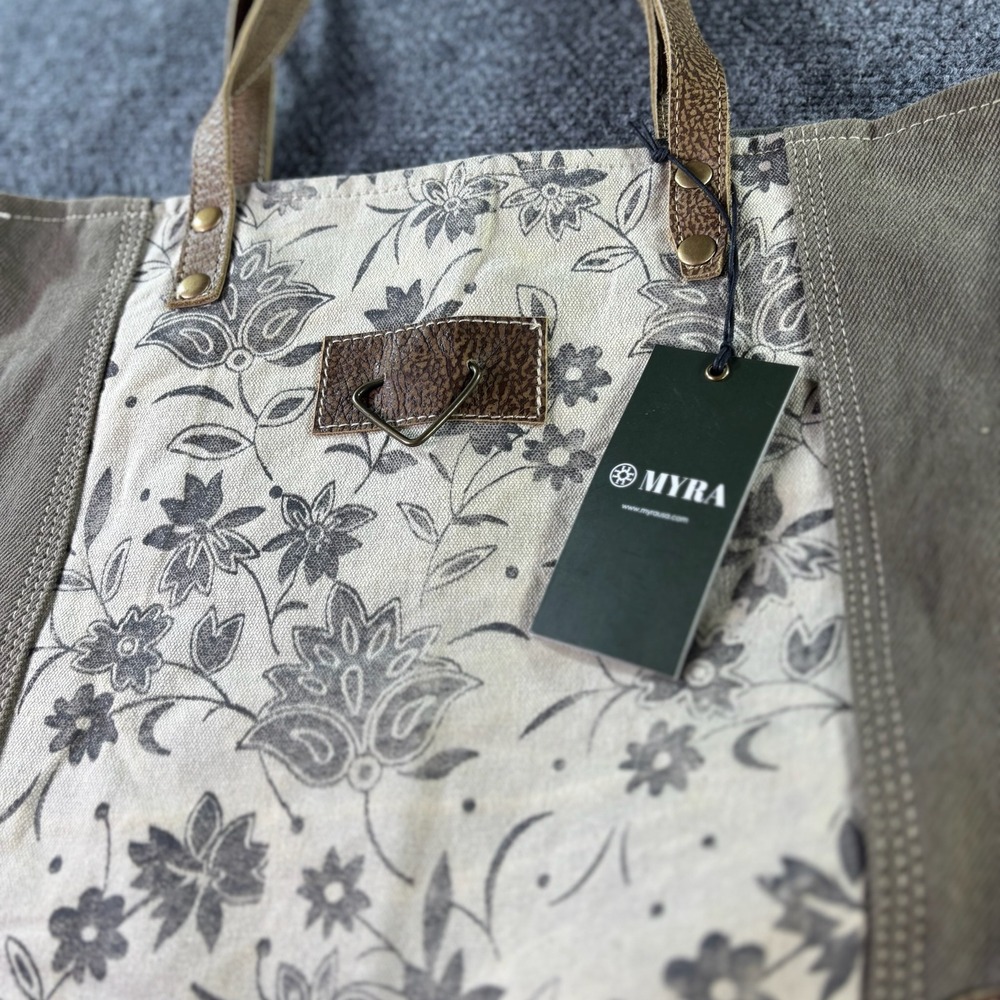 Myra Bag Canvas Leather Tote Women Medium Olive Floral Boho Handbag NWT New - Picture 2 of 7